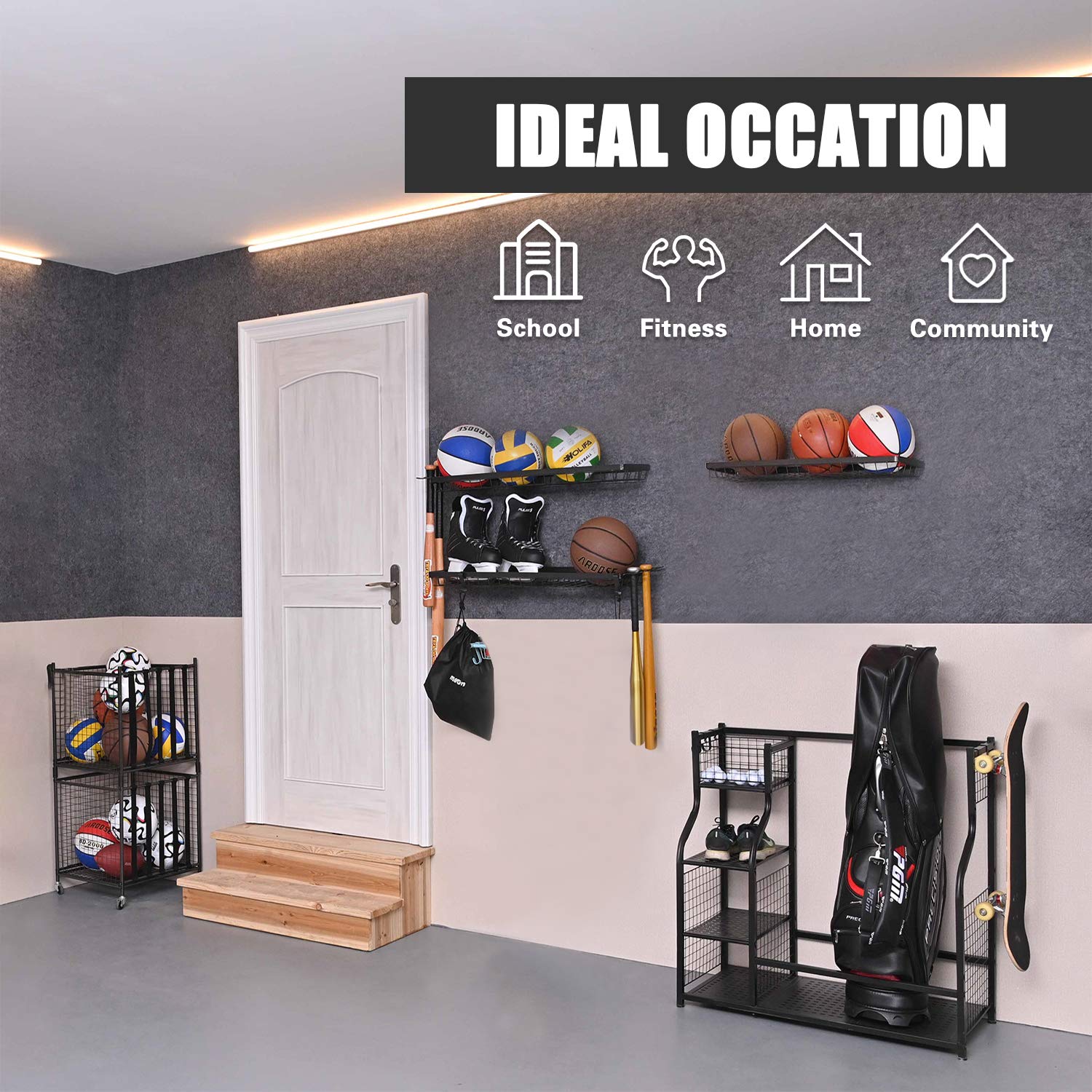 Mythinglogic Sports Equipment Storage Rack,Wall Mount Ball Storage Racks for garage, 3 Separate Ball Storage Organizer for Basketball, with Hooks