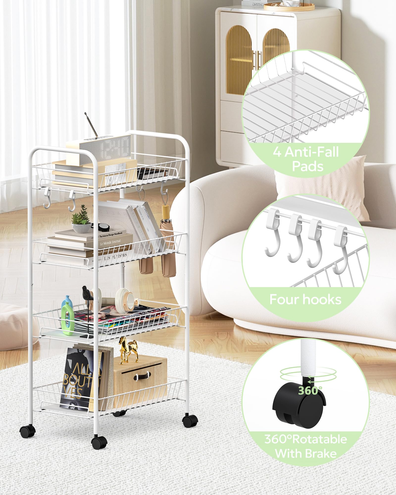 Mythinglogic 4-Tier Rolling Cart with 360° Wheels, Snack Cart, Removable Wire Baskets, Metal Utility Storage Cart for Kitchen, Bathroom, Laundry Room, Office (White)