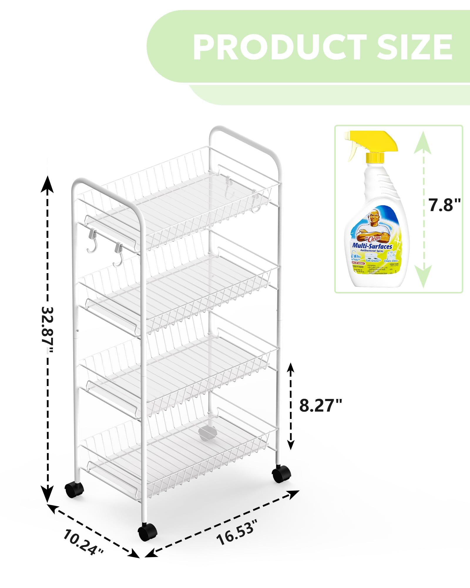 Mythinglogic 4-Tier Rolling Cart with 360° Wheels, Snack Cart, Removable Wire Baskets, Metal Utility Storage Cart for Kitchen, Bathroom, Laundry Room, Office (White)