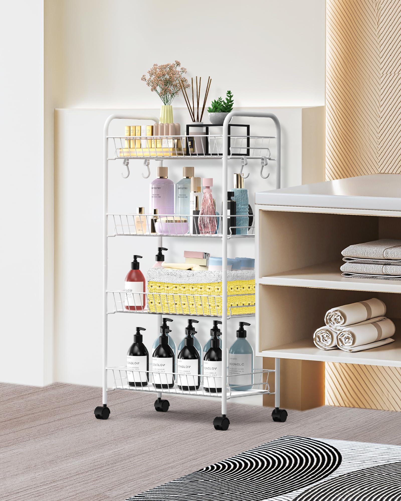 Mythinglogic 4-Tier Rolling Cart with 360° Wheels, Snack Cart, Removable Wire Baskets, Metal Utility Storage Cart for Kitchen, Bathroom, Laundry Room, Office (White)