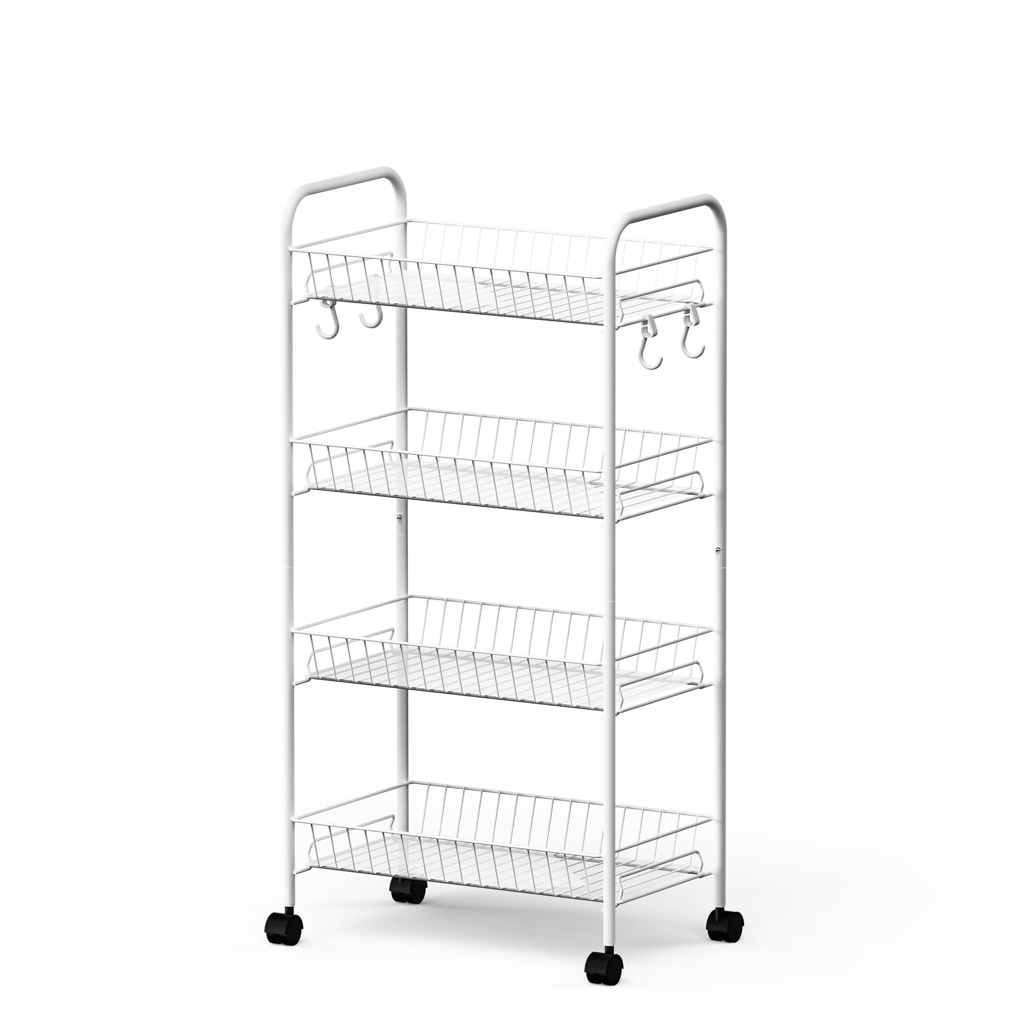 Mythinglogic 4-Tier Rolling Cart with 360° Wheels, Snack Cart, Removable Wire Baskets, Metal Utility Storage Cart for Kitchen, Bathroom, Laundry Room, Office (White)