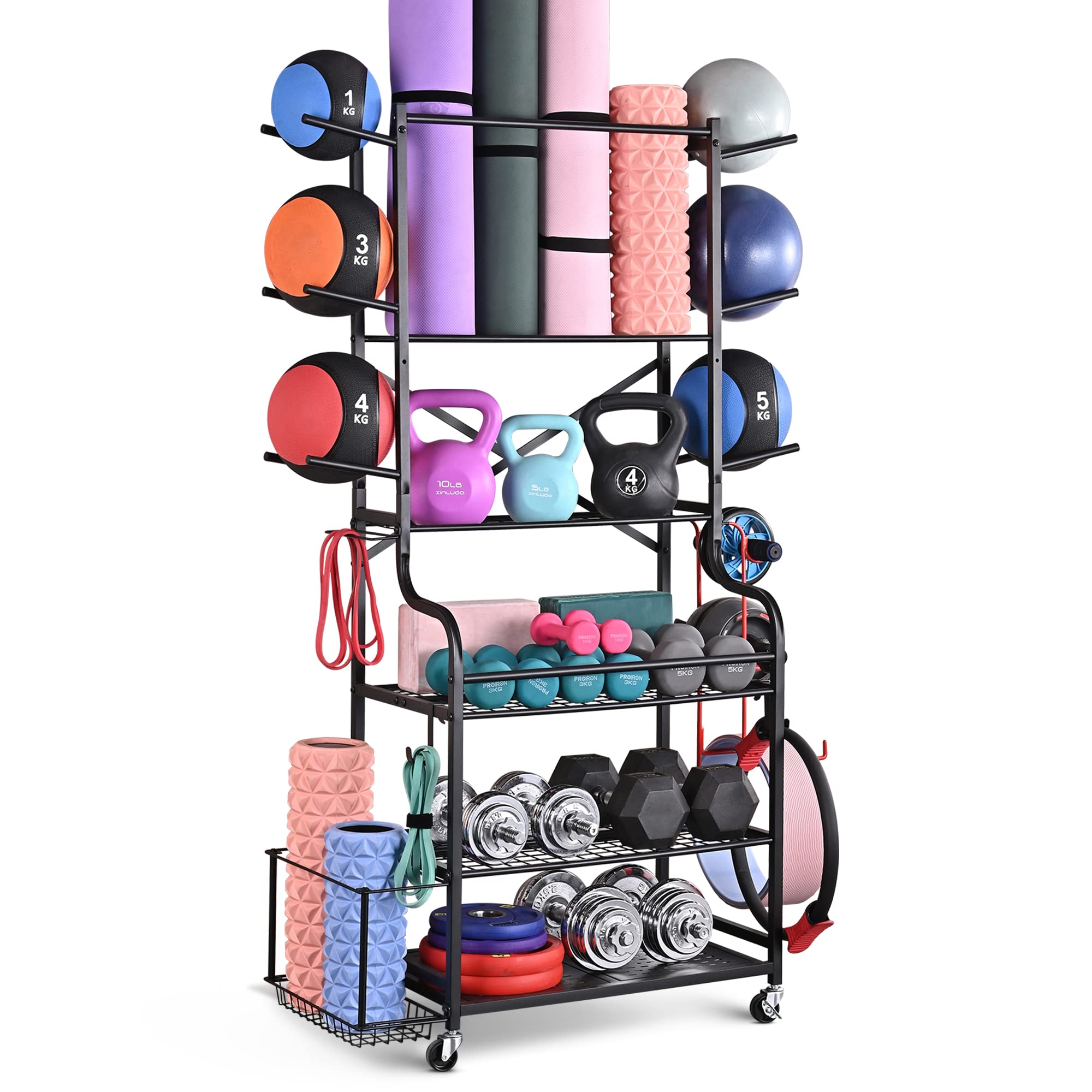 Mythinglogic Yoga Mat Storage Racks,Home Gym Storage Rack for Dumbbells Kettlebells Foam Roller, Yoga Strap and Resistance Bands, Workout Equipment Storage Organizer With Hooks and Wheels