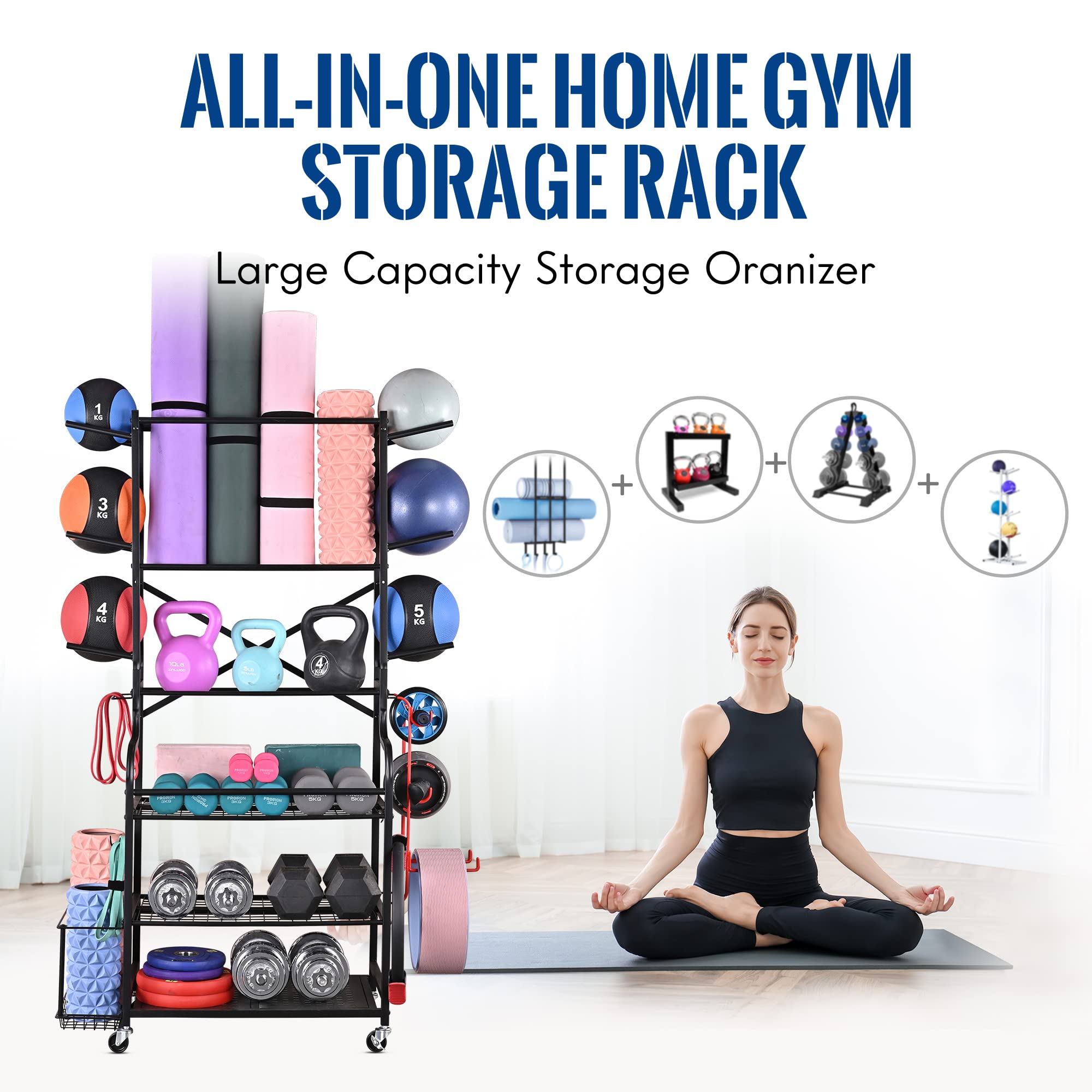 Mythinglogic Yoga Mat Storage Racks,Home Gym Storage Rack for Dumbbells Kettlebells Foam Roller, Yoga Strap and Resistance Bands, Workout Equipment Storage Organizer With Hooks and Wheels