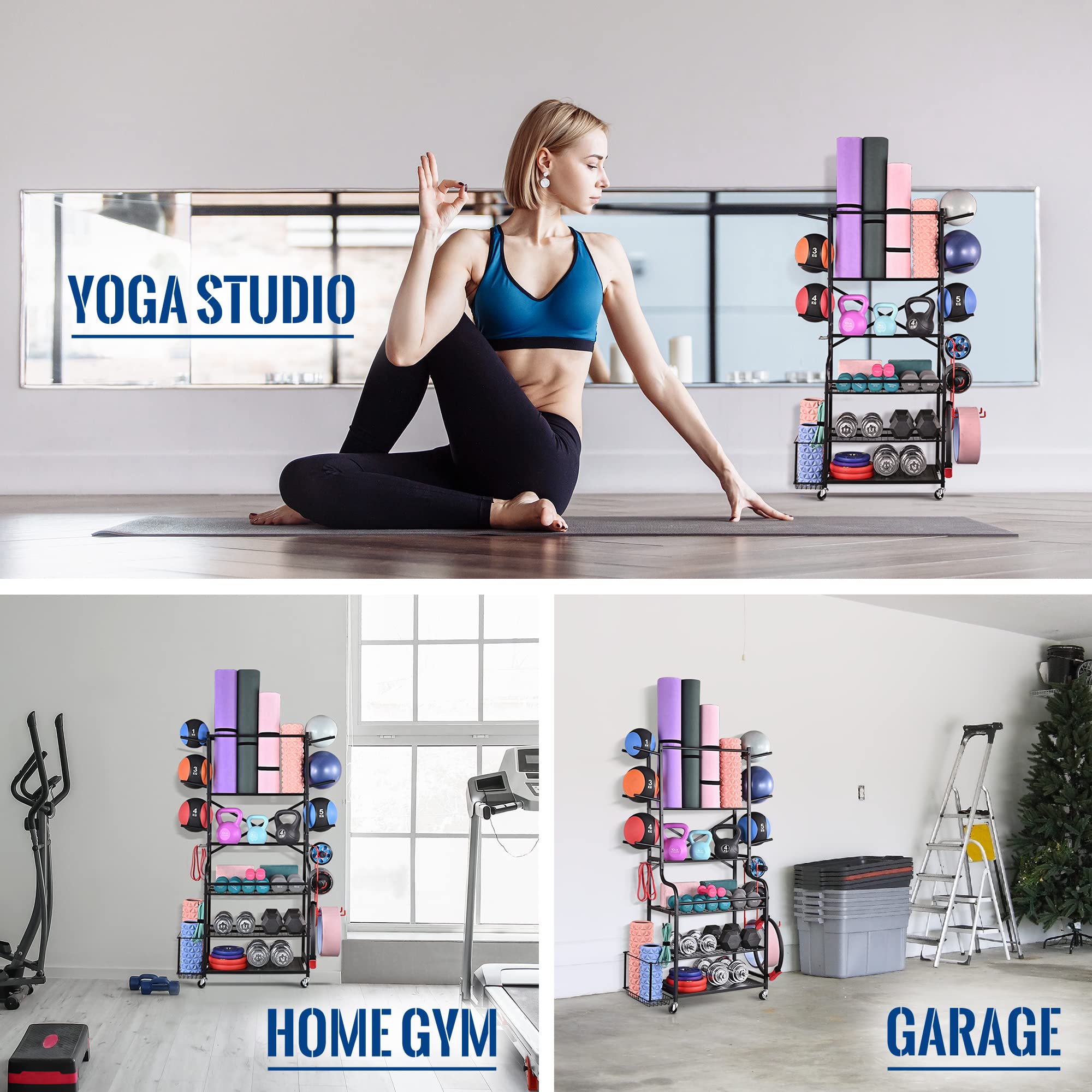 Mythinglogic Yoga Mat Storage Racks,Home Gym Storage Rack for Dumbbells Kettlebells Foam Roller, Yoga Strap and Resistance Bands, Workout Equipment Storage Organizer With Hooks and Wheels