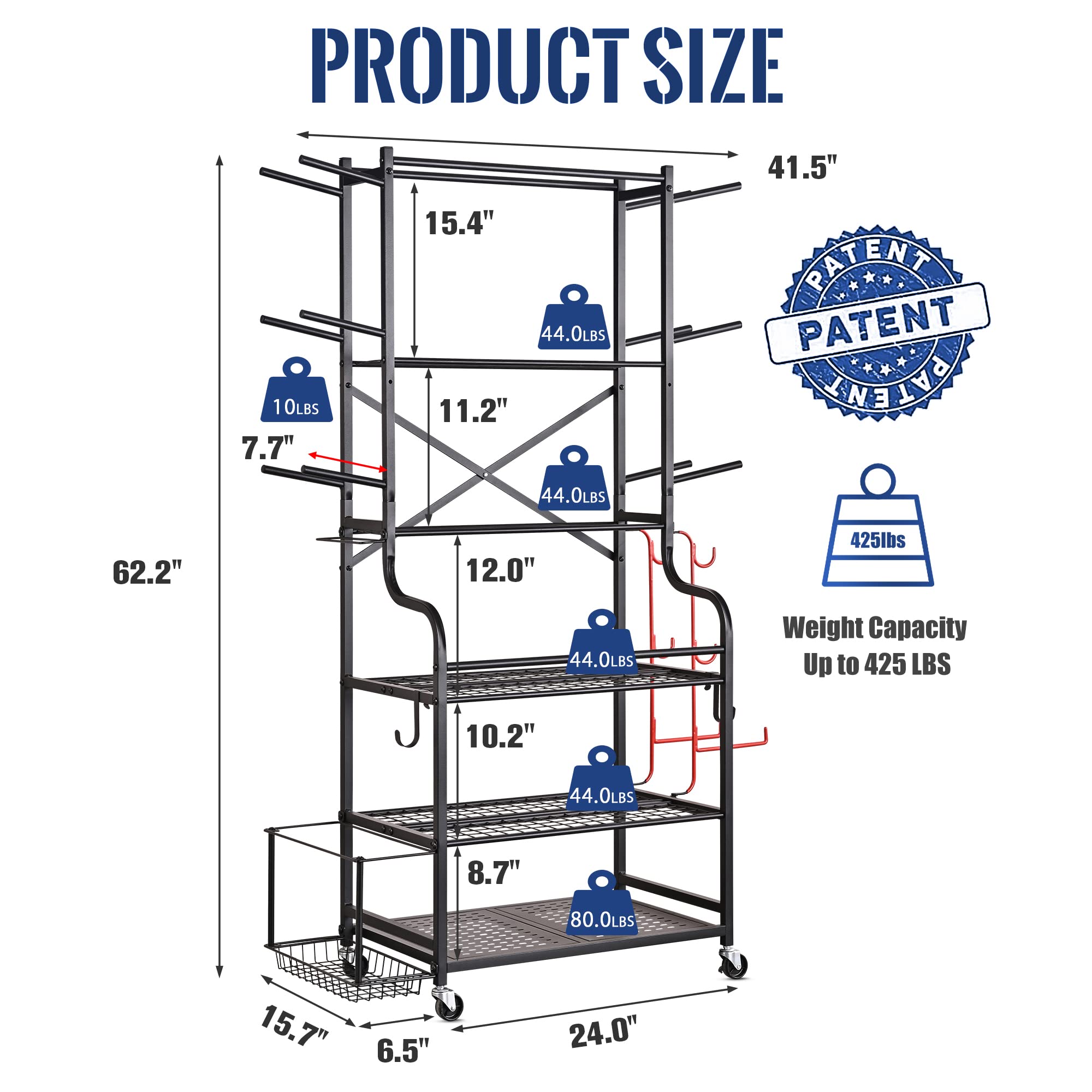 Mythinglogic Yoga Mat Storage Racks,Home Gym Storage Rack for Dumbbells Kettlebells Foam Roller, Yoga Strap and Resistance Bands, Workout Equipment Storage Organizer With Hooks and Wheels