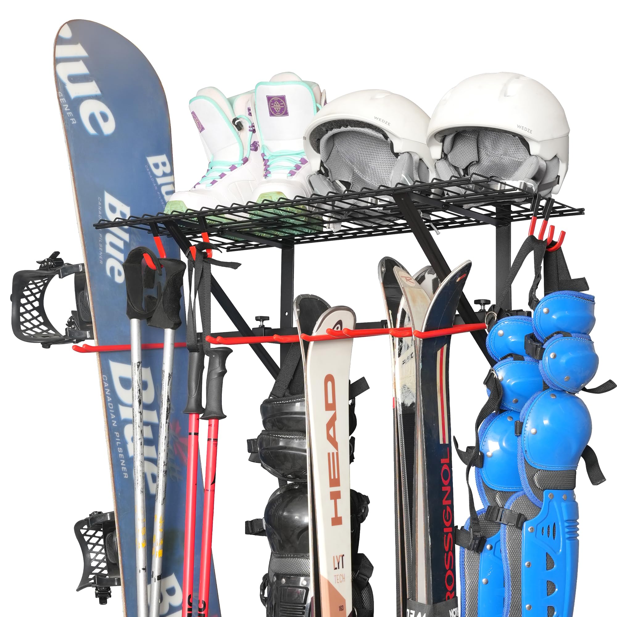 PLKOW Ski Rack Wall Mounted, Skis Storage Rack for Garage with Top Storage Shelf, Customizable Spacing Garage Ski Holder for Wall, Holds Up to 280lbs, Steel