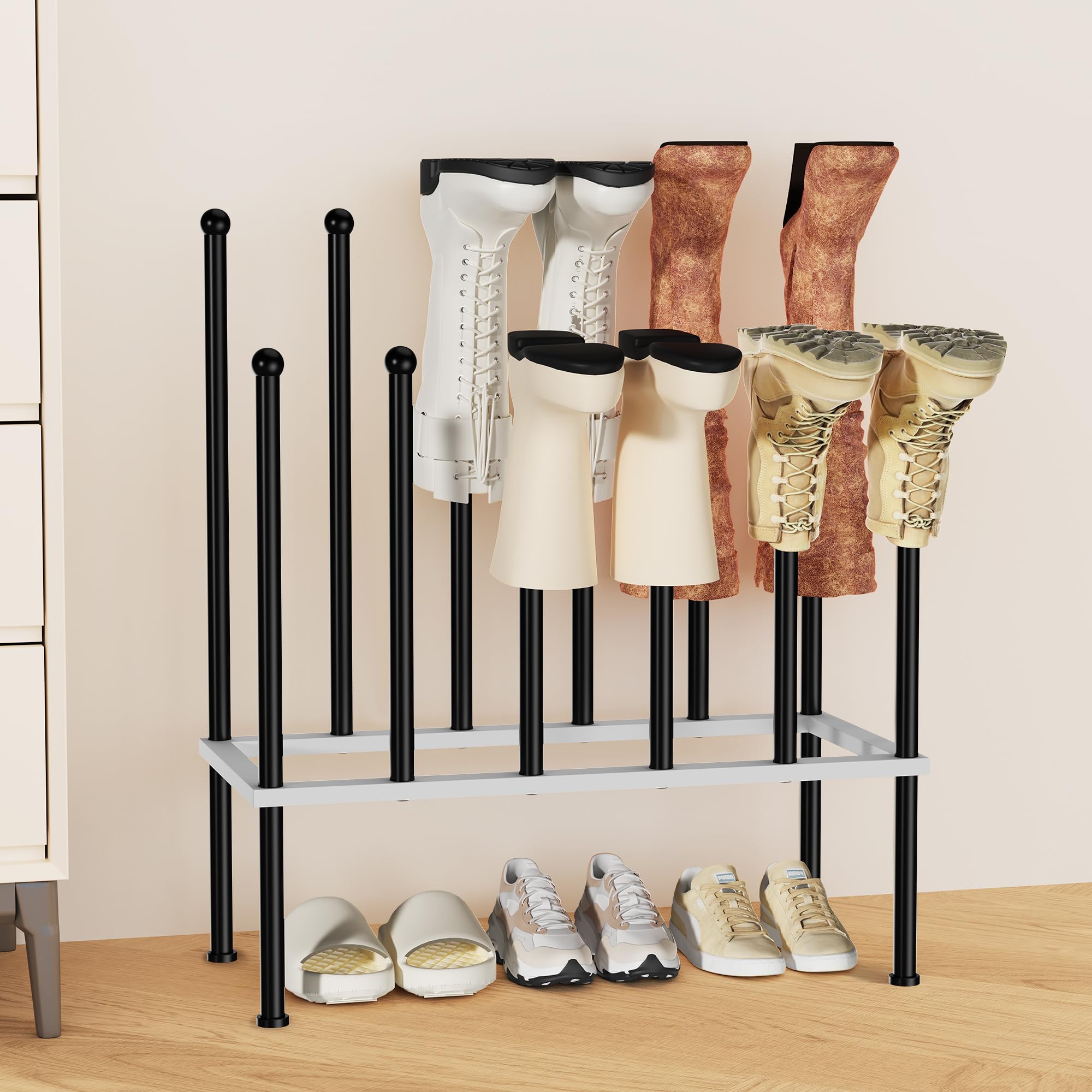 PLKOW Boot Rack Organizer, Metal Free Standing Shoe Racks for Tall Boots, 2 Tier Boot Holder Fits for 6 Pairs, Boot Storage Organizer for Entryway, Garden, Outdoor, Bedroom