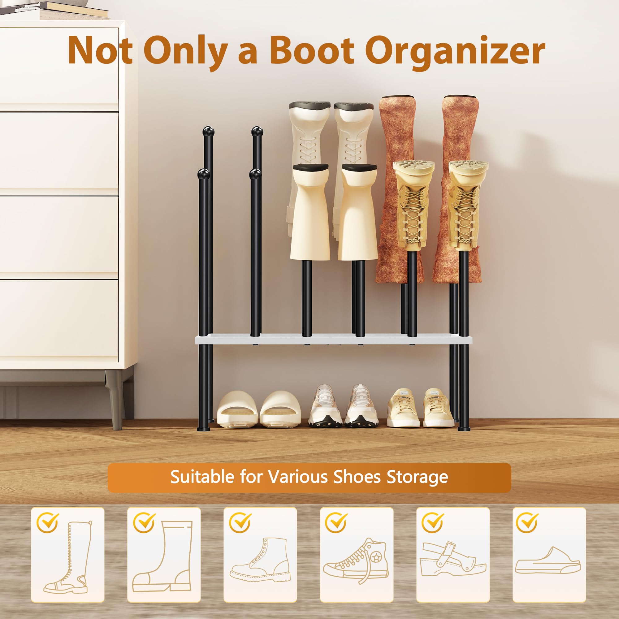 PLKOW Boot Rack Organizer, Metal Free Standing Shoe Racks for Tall Boots, 2 Tier Boot Holder Fits for 6 Pairs, Boot Storage Organizer for Entryway, Garden, Outdoor, Bedroom