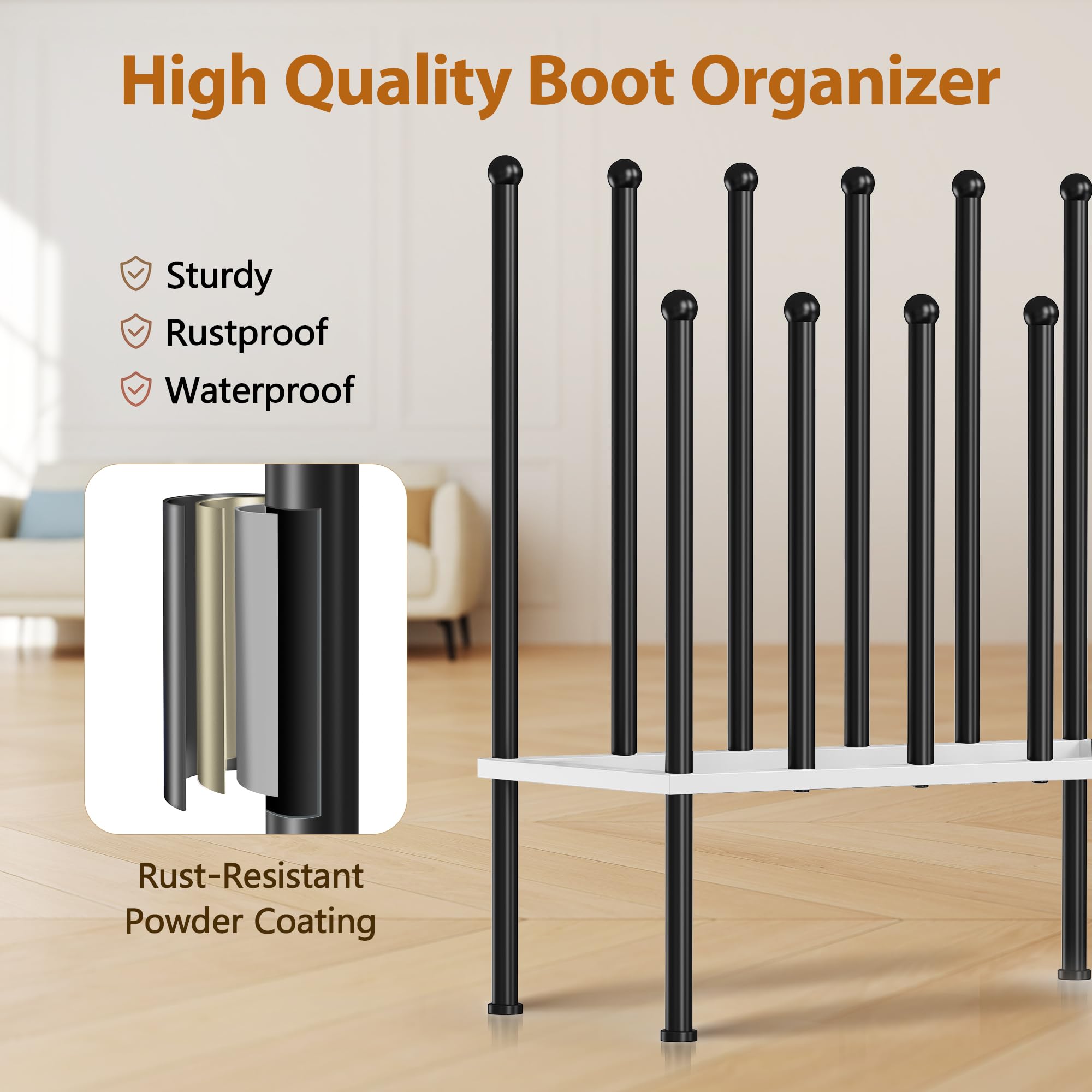 PLKOW Boot Rack Organizer, Metal Free Standing Shoe Racks for Tall Boots, 2 Tier Boot Holder Fits for 6 Pairs, Boot Storage Organizer for Entryway, Garden, Outdoor, Bedroom