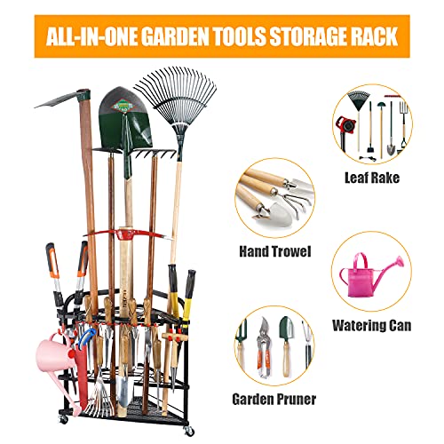 PLKOW Garden Tool Organizer with Wheels and Storage Hooks, Rolling Corner Tool Storage Rack for Garden