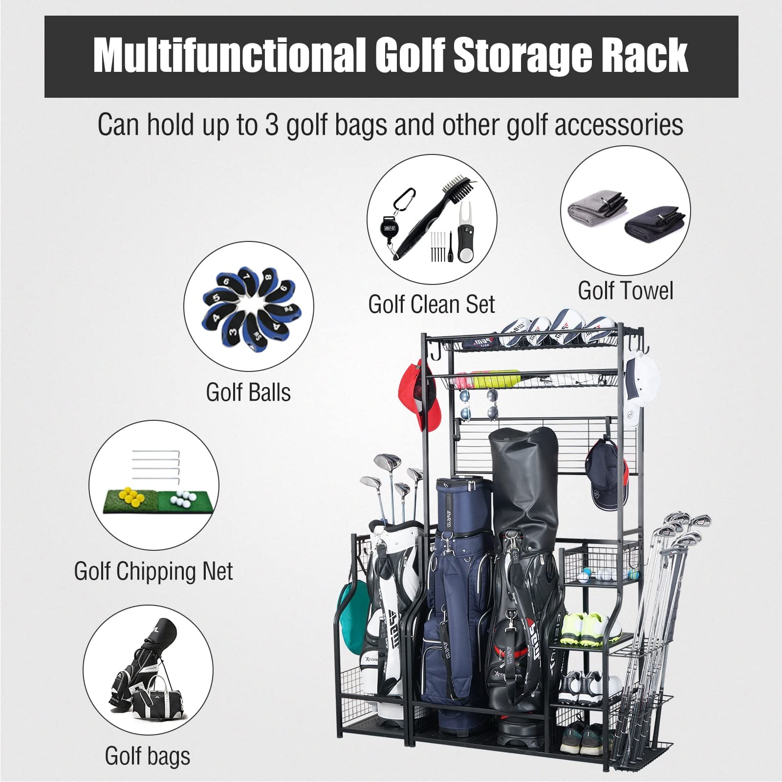 Mythinglogic 3 Bag Golf Organizer, golf organizer for garage, Heavy Duty Golf Rack, With Lockable Wheels
