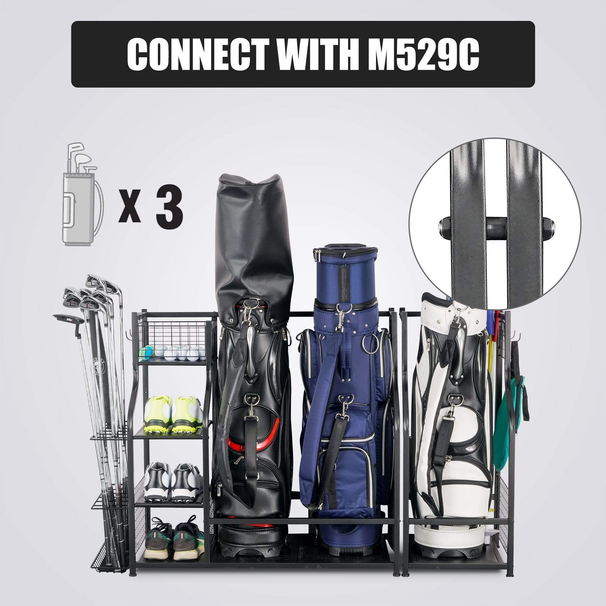 Mythinglogic 3 Bag Golf Organizer, golf organizer for garage, Heavy Duty Golf Rack, With Lockable Wheels